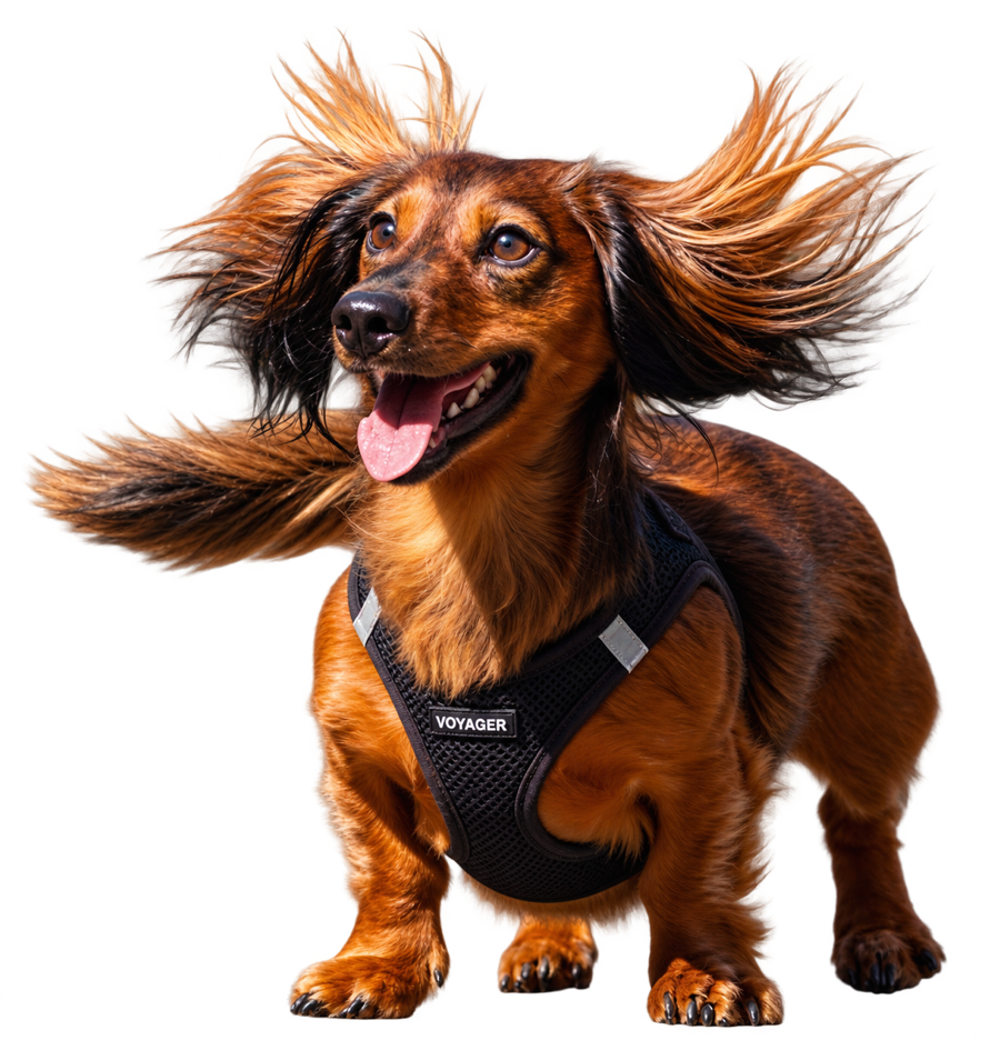 Marvin standing in a Voyager harness with wind in his fur